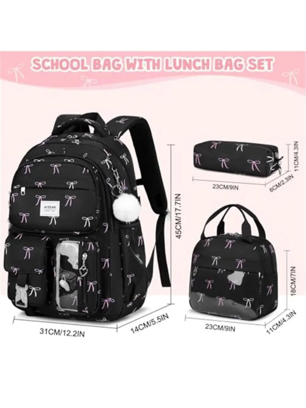 Girls 3-in-1 Backpack Set with Lunch Backpack with Lunch Bag & Pencil Pouch